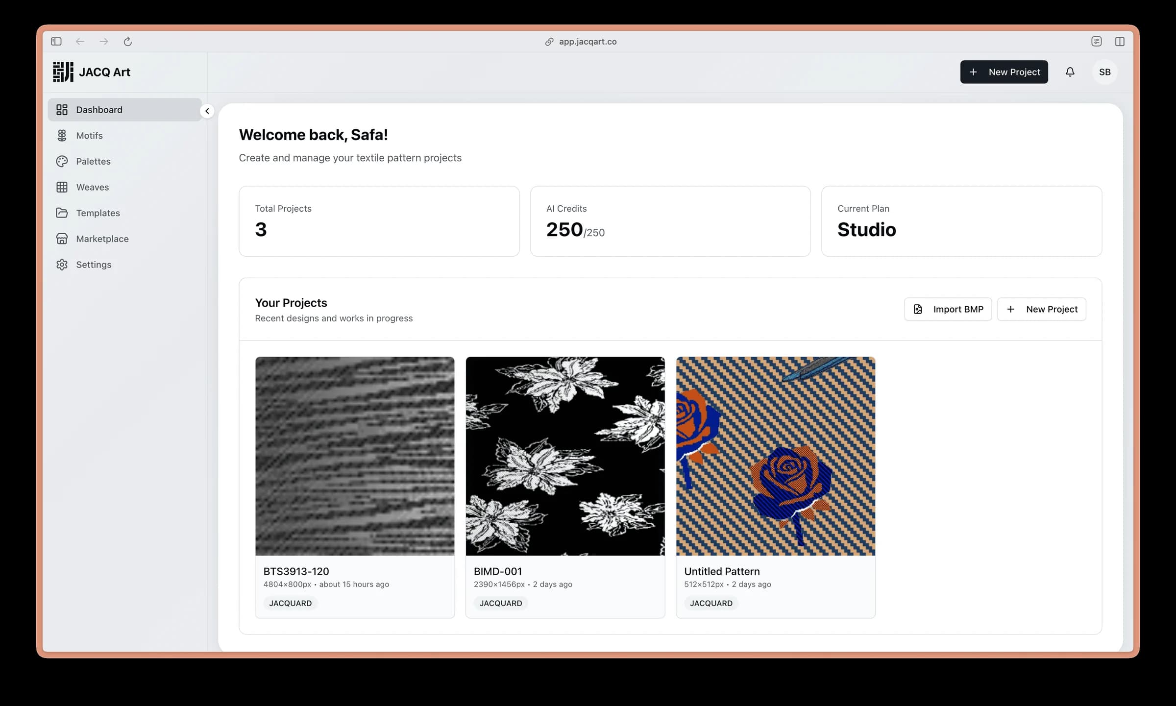 JACQ Art dashboard showing recent jacquard projects, AI credits and plan