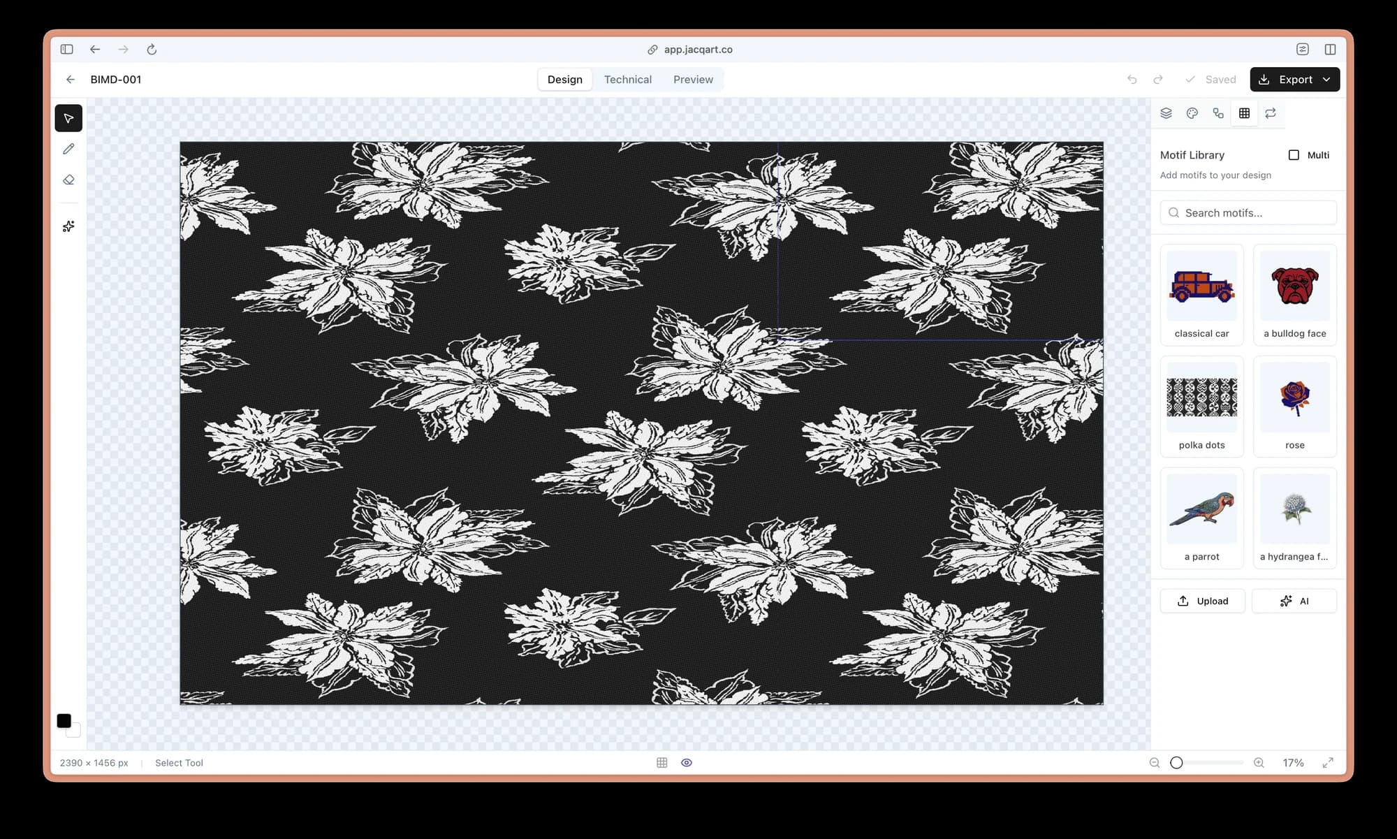 JACQ Art editor with a black-and-white floral repeat and the motif library