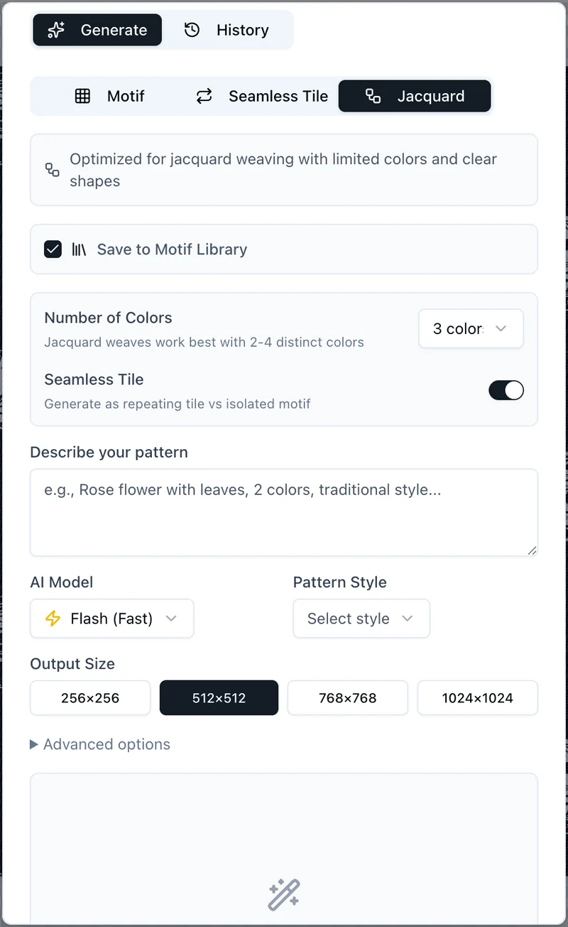 AI pattern generator settings panel