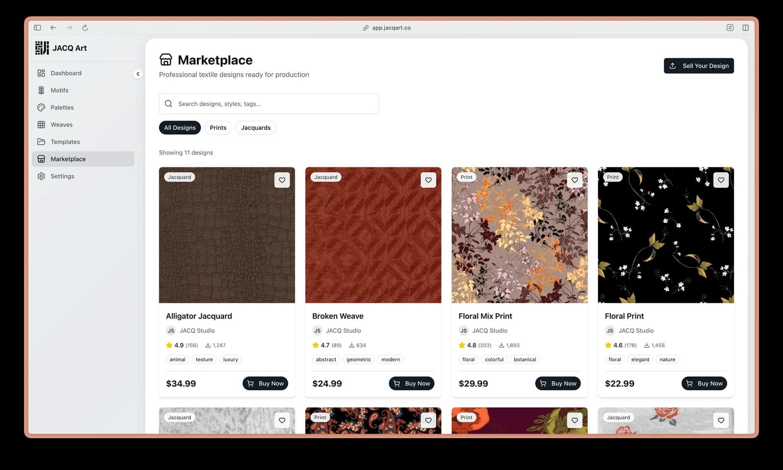 JACQ Art marketplace of production-ready textile designs