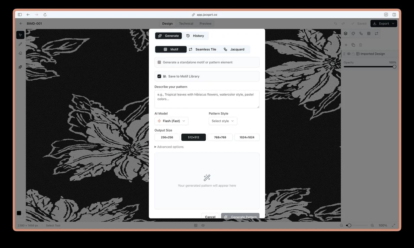 AI pattern generation panel open over a floral design